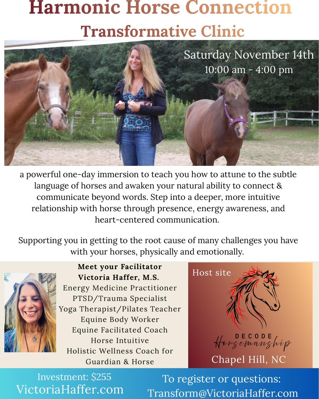 Harmonic Horse Connection transformative clinic flyer — Saturday, November 14, 10:00am to 4:00pm, $255, VictoriaHaffer.com